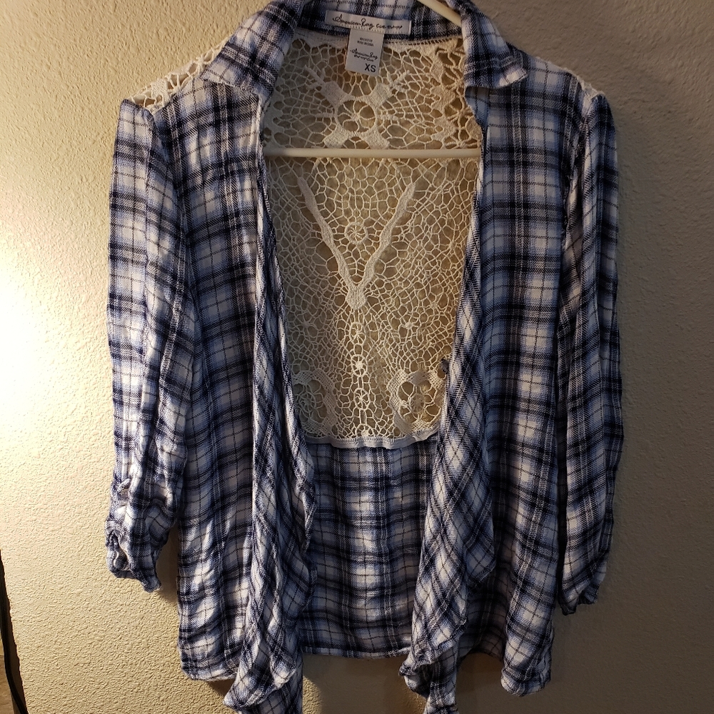 Womens plaid flannel lacy tie up layer shirt